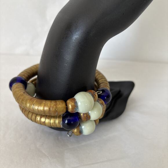 Vintage Chunky Coil Wrap Bracelet Or Arm Cuff Blue Glass Beads Brass Boho - Picture 1 of 9